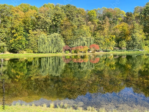 Autumn landscape with lake in the park.