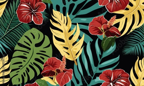 Tropical exotic seamless pattern with woman, monstera, hibiscuc, bromeliad, banana leaves, palm, colocasia. Hand-drawn 3D illustration. Good for production wallpapers, cloth and fabric, Generative AI photo