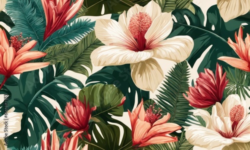 Tropical seamless pattern with protea, hibiscus flowers, banana leaves, palm, monstera, hummingbirds. Hand-drawn 3D illustration. luxury wallpapers, mural, fabric printing, templates, Generative AI