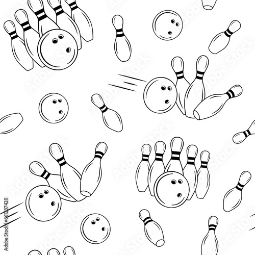 Seamless line monochrome pattern with bowling pins and ball. Simple outline skittles with ball. Vector sport background.