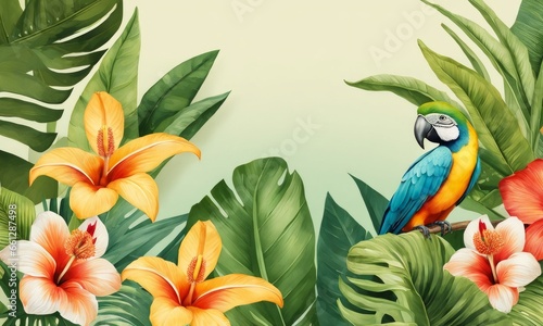 Tropical background  seamless border  pattern. Vintage jungle  green banana leaves  palm  exotic flowers  birds. Hand-painted watercolor 3D illustration. Floral foliage. Luxury wallpaper Generative AI