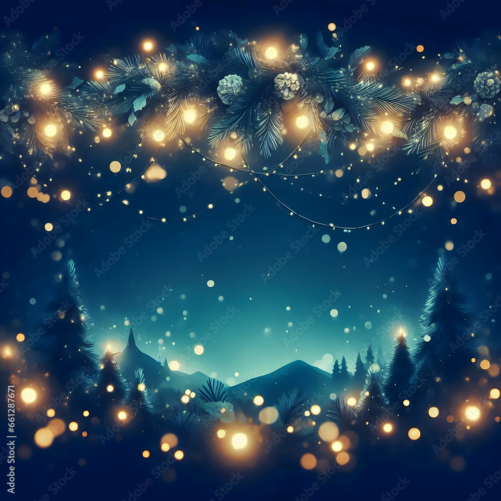 Fototapeta premium A dark blue background, adorned with Christmas garland bokeh lights, beautifully embodies the holiday spirit