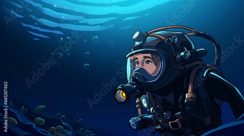 A captivating illustration capturing the spirit of deep sea diving in the mysterious ocean depths. Curious Deep Sea Diving in Ocean Depths © Mohsin