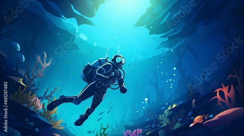 A captivating illustration capturing the spirit of deep sea diving in the mysterious ocean depths. Curious Deep Sea Diving in Ocean Depths