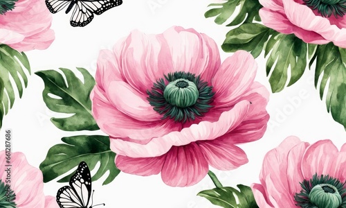 Pink anemone flowers, butterflies, green leaves. Floral background, seamless pattern. Hand-painted watercolor vintage 3d illustration. Dark abstract background. Luxury wallpaper, cloth, Generative AI