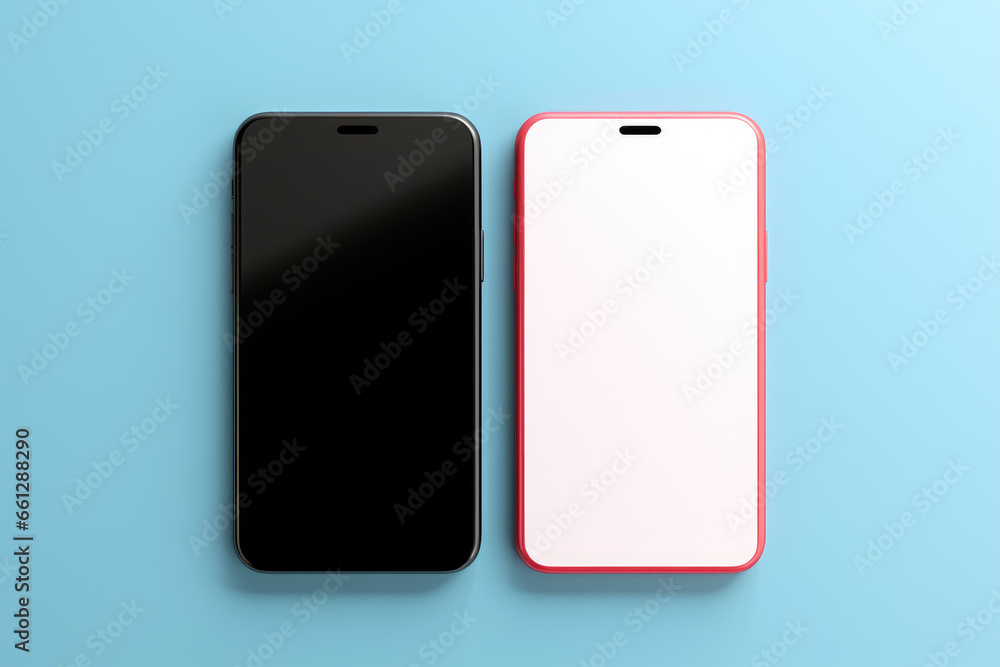Two smartphones , one black and one red, placed on blue surface. Ideal for technology and communication concepts. Two smartphones , one black and one red, placed on blue surface. Ideal for technology and communication concepts.