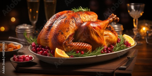 Thanksgiving turkey on a holiday table with a glass of wine and berries.