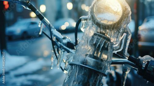 Closeup of frozen motorcycle  Generative Ai