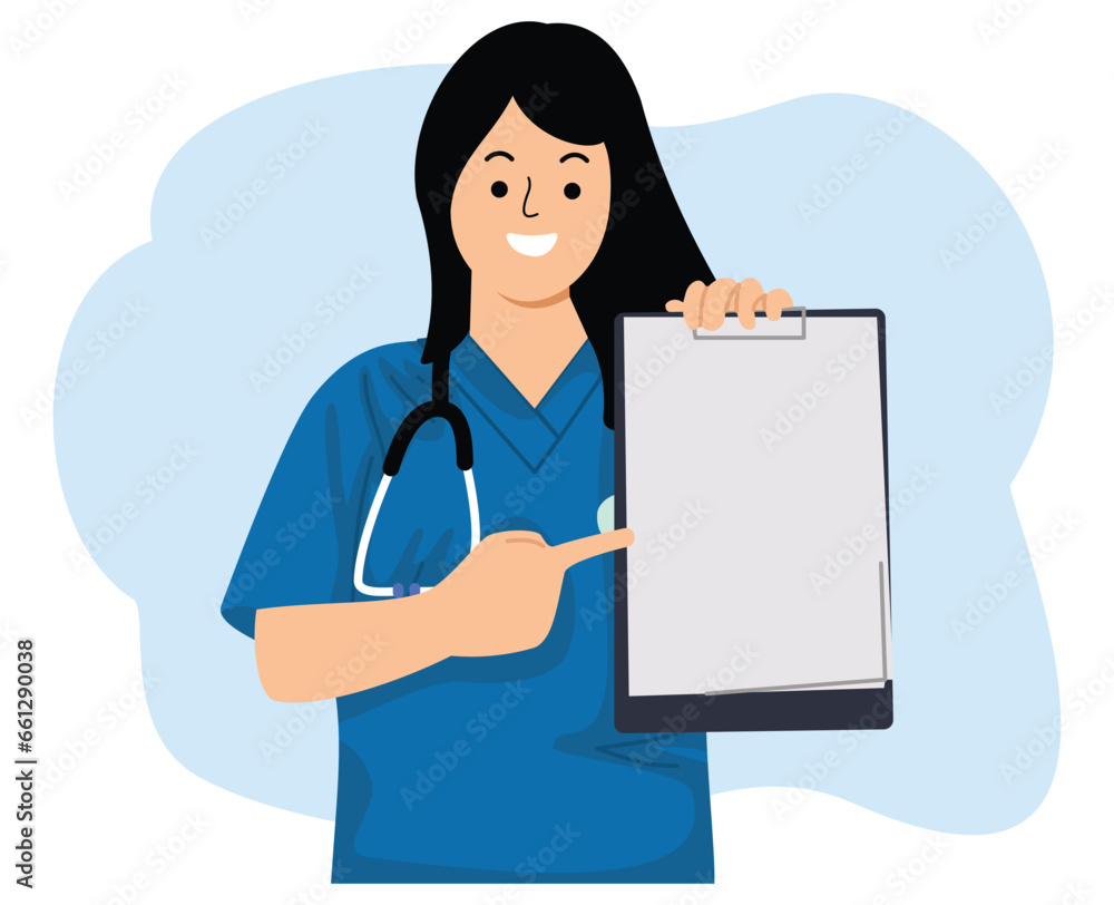 young woman nurse wearing blue uniform with a stethoscope pointing at clipboard paper medical check up
young woman nurse wearing blue uniform with a stethoscope pointing at clipboard paper medical check up