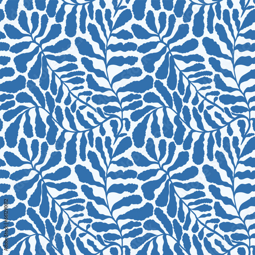 Blue abstract seamless pattern with leaves palm in Matisse style. Vector hand drawn print with scandinavian cut out elements. Vector endless illustration for paper, cover, fabric, interior decor.