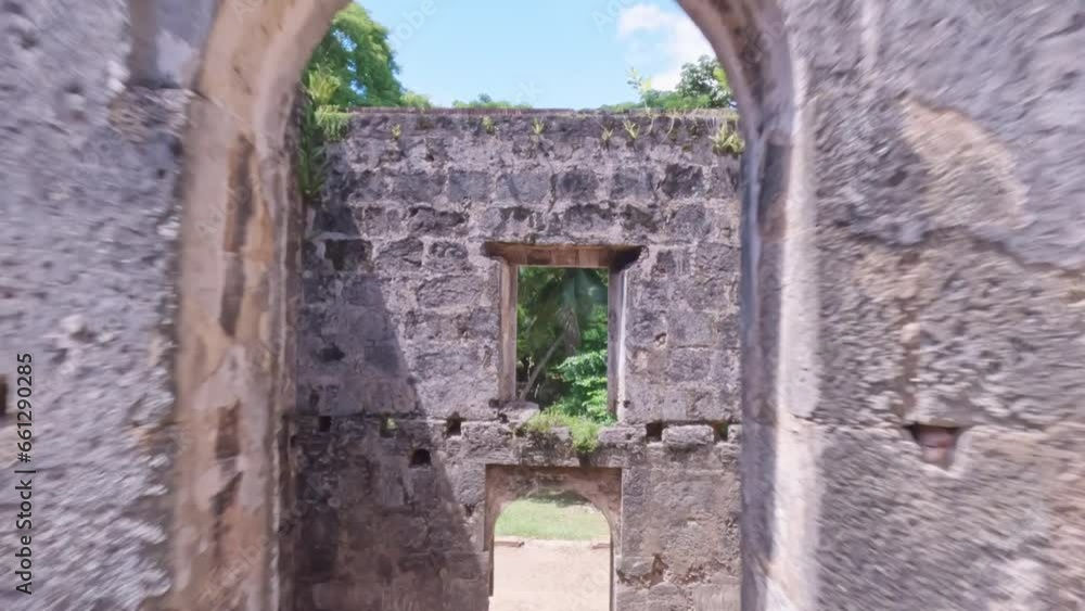 Amazing fpv drone passing through arches and windows of ancient palace of Ingenio Engombe or Sugar Mill. Aerial Amazing fpv drone passing through arches and windows of ancient palace of Ingenio Engombe or Sugar Mill. Aerial