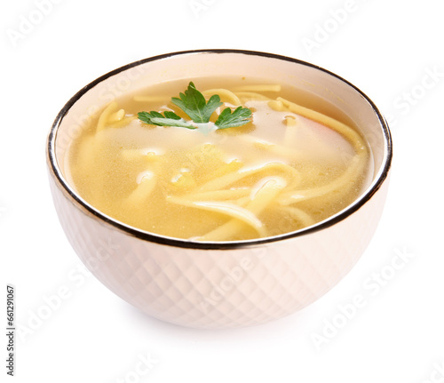 Bowl of tasty chicken soup on white background