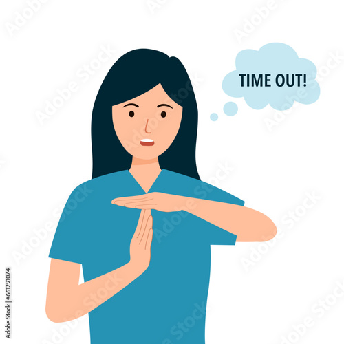 Young woman upset showing a timeout gesture, needs stop, asks time for rest after hard work, demonstrates break hand sign.