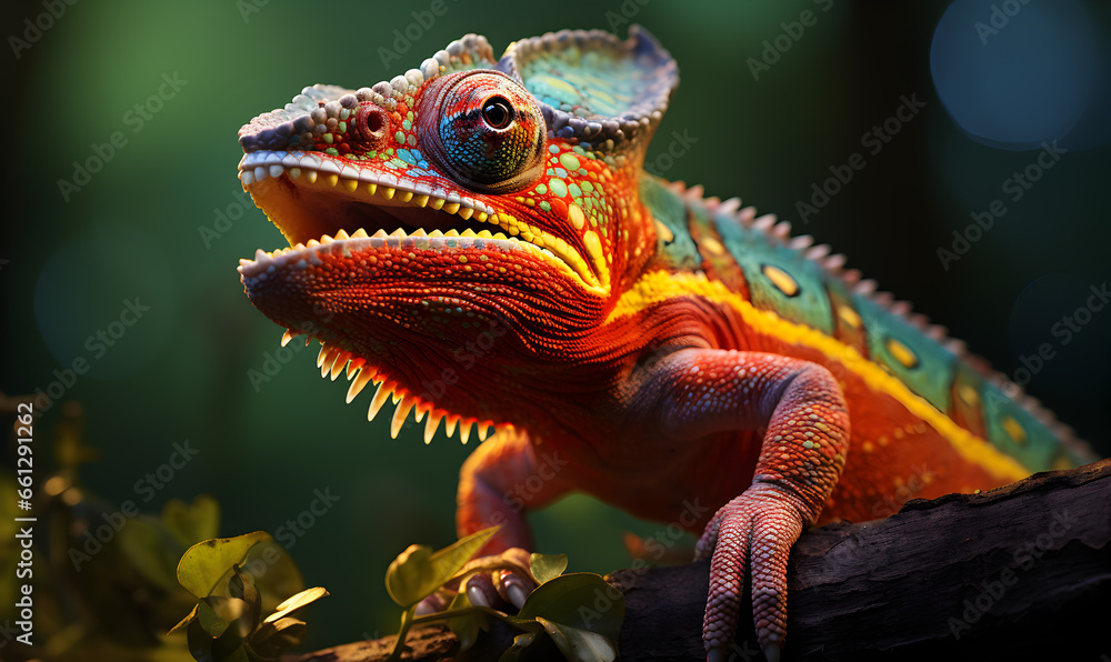 Fototapeta premium Multicoloured detail of a chameleon holding a branch in nature.