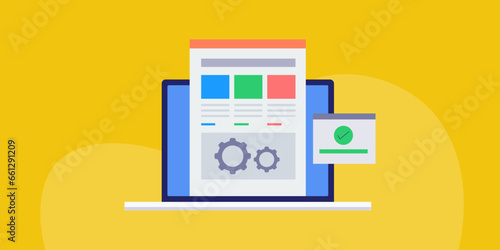 Website management, cms technology, uploading content on blog, digital strategy, social media communication internet concept. Vector illustration web banner.