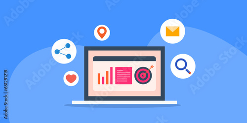 Concept of laptop with information, graph diagram and target board. Digital marketing - social media sharing, seo search, email communication, business location vector banner.