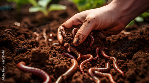 Detail of a hand picking worms in nature. photo