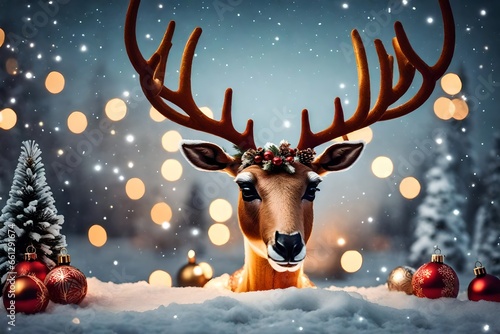 A card with a festive reindeer head. © shahzad