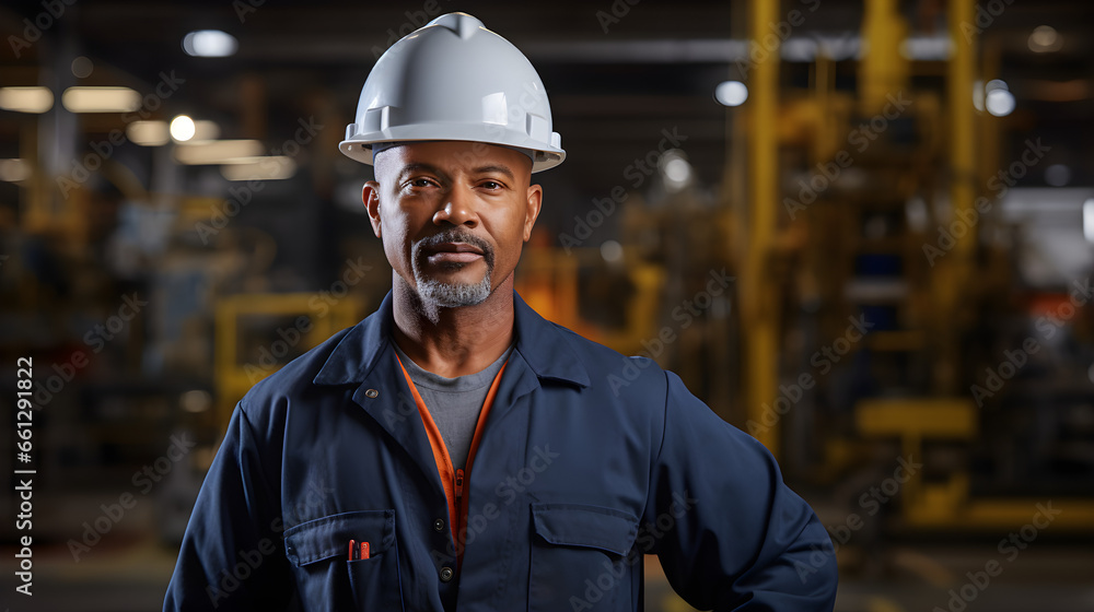 Industry maintenance engineer, a man in a crisp uniform and a safety hard hat, positioned at a factory station. Generative AI Industry maintenance engineer, a man in a crisp uniform and a safety hard hat, positioned at a factory station. Generative AI