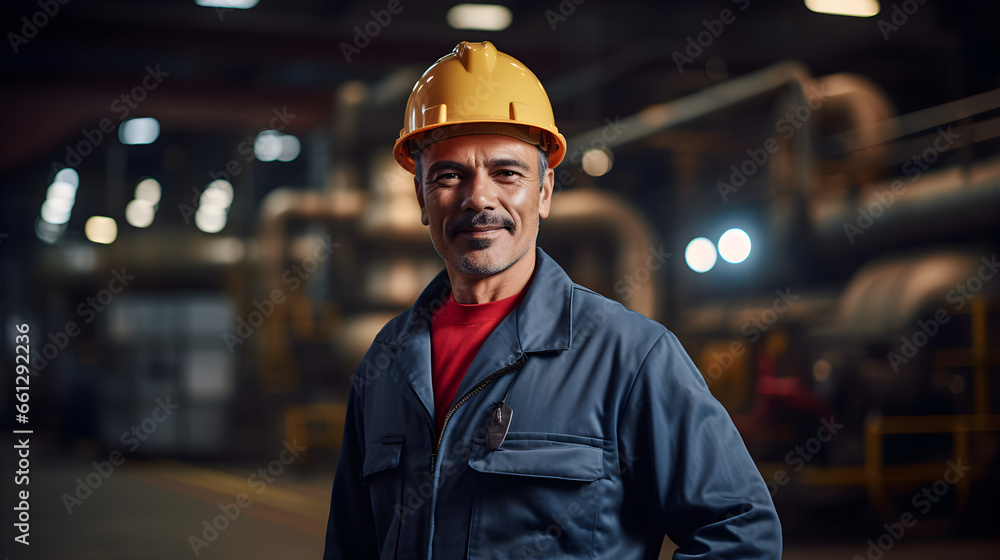 Industry maintenance engineer, a man in a crisp uniform and a safety hard hat, positioned at a factory station. Generative AI Industry maintenance engineer, a man in a crisp uniform and a safety hard hat, positioned at a factory station. Generative AI
