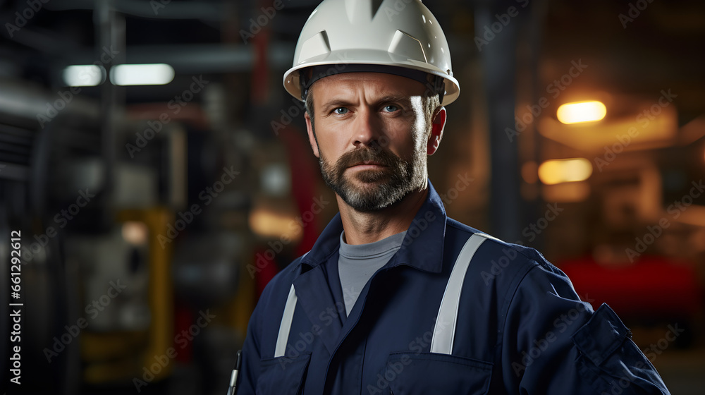 Industry maintenance engineer, a man in a crisp uniform and a safety hard hat, positioned at a factory station. Generative AI Industry maintenance engineer, a man in a crisp uniform and a safety hard hat, positioned at a factory station. Generative AI