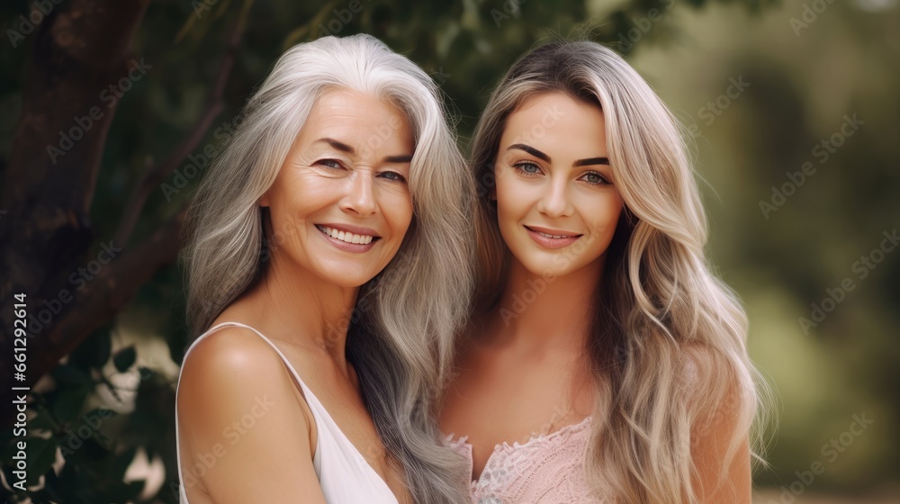 Gray haired adult woman with her daughter smiling gracefully with smooth, healthy facial skin. Beauty and cosmetic skin care advertising concept.