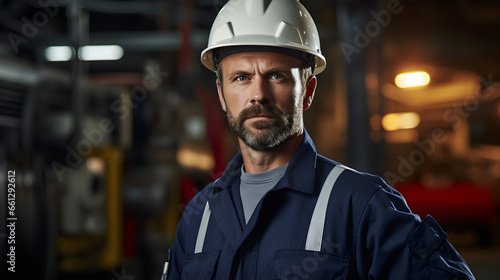 Industry maintenance engineer, a man in a crisp uniform and a safety hard hat, positioned at a factory station. Generative AI