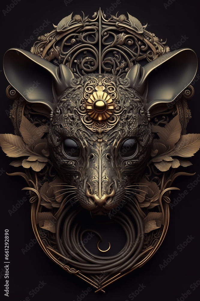 Fototapeta premium a mouse wearing a gold mask and a door knocker on a black background. The rat's fur is black and shiny, and its whiskers are long and white.