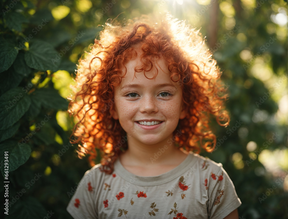 portrait of a red-haired, curly-haired teenage girl against a background of green foliage portrait of a red-haired, curly-haired teenage girl against a background of green foliage