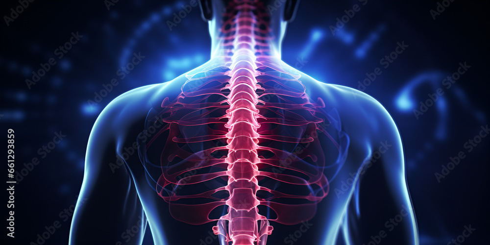 Women with back pain sports injury and fitness spine xray and anatomy with red overlay medical