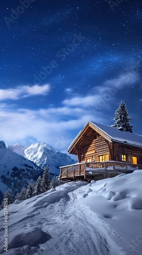 Winter wonderland panorama, wooden house in snowy mountains under starry sky. © Fokasu Art