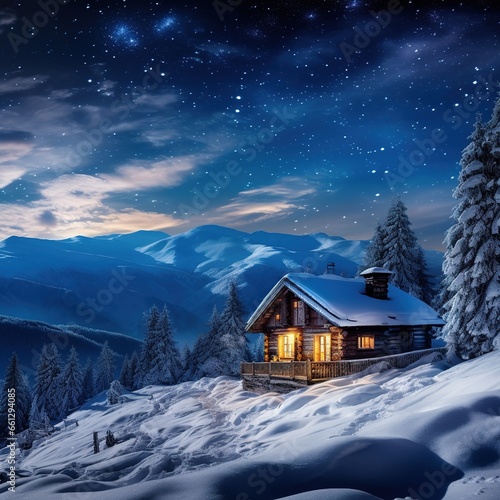 Winter wonderland panorama, wooden house in snowy mountains under starry sky.