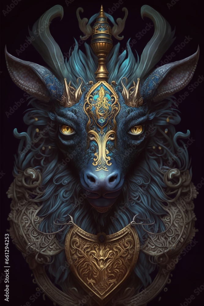 The deer is standing in a forest with trees and mountains. The deer's fur is white with brown spots and its eyes are blue. The crown is gold with jewels and the door knocker is silver
