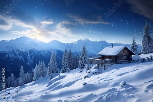 Winter wonderland panorama, wooden house in snowy mountains under starry sky. © Fokasu Art