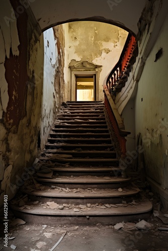 a staircase in an abandoned building, with peeling wallpaper and dim lighting. The staircase winds upwards, hinting at the unknown above. generative AI