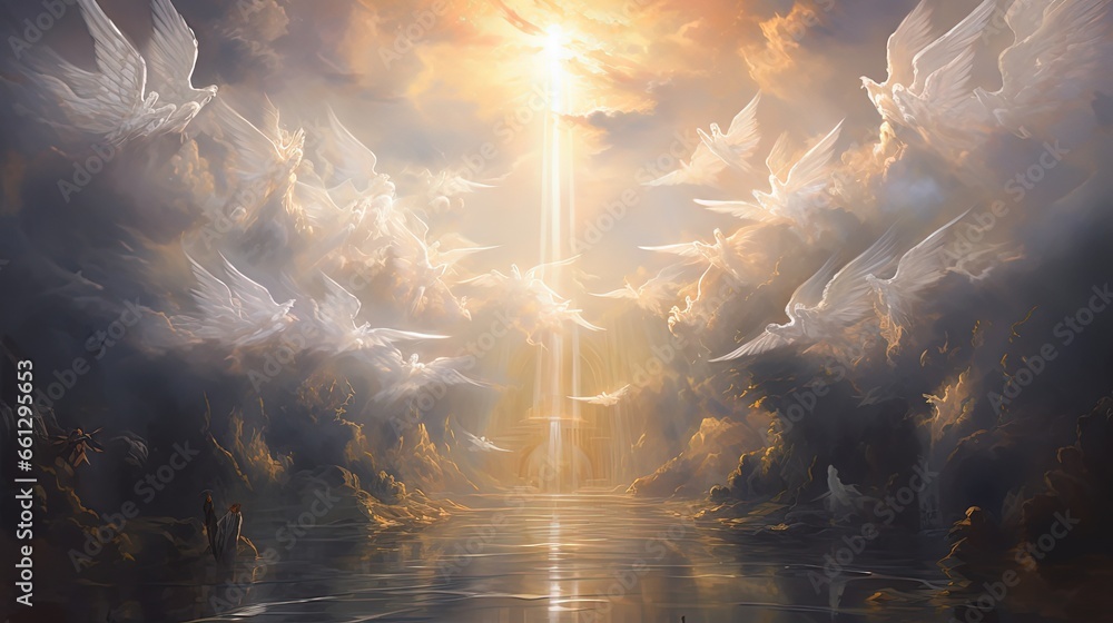 oil painting style cloudy sky open for divine heavenly light shine upon earth surrounded by many angels, background wallpaper, Generative Ai - obrazy, fototapety, plakaty 