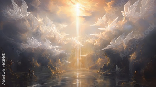 oil painting style cloudy sky open for divine heavenly light shine upon earth surrounded by many angels, background wallpaper, Generative Ai