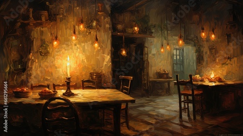 old vintage dinning room with table and chairs and light bulbs hanging on ceiling, oil painting style scenery, Generative Ai