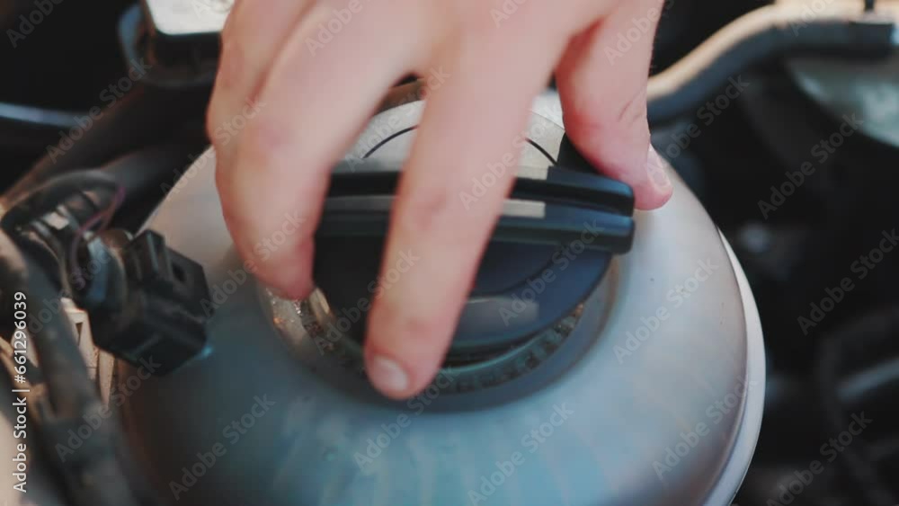 tightening the cap of the expansion tank with coolant in a car, close-up, slow motion. Industry tightening the cap of the expansion tank with coolant in a car, close-up, slow motion. Industry