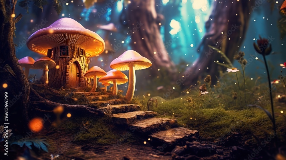 Fantasy fairy tale forest with trees and giant mushrooms,