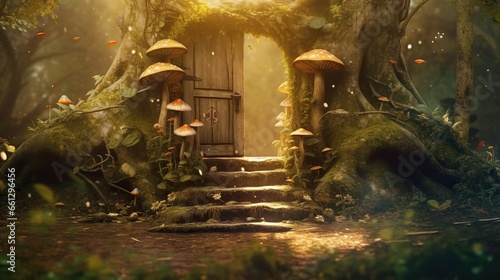 Fantasy fairy tale forest with trees and giant mushrooms,