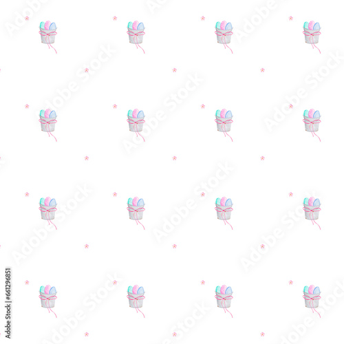 seamless watercolor pattern of Easter bucket with colorful eggs and bow and cute spring flowers. Easter pattern for printing on textiles, tablecloths, napkins, packaging for Easter cakes, cupcakes