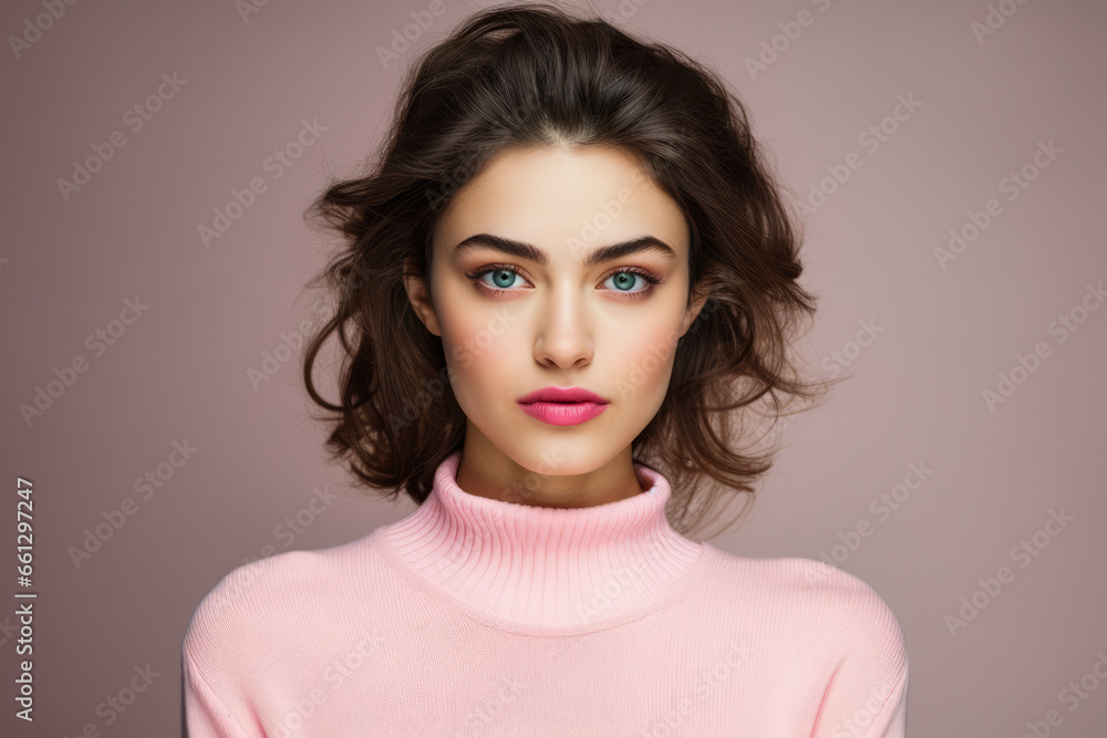 Portrait of a young woman in a winter pink sweater Portrait of a young woman in a winter pink sweater