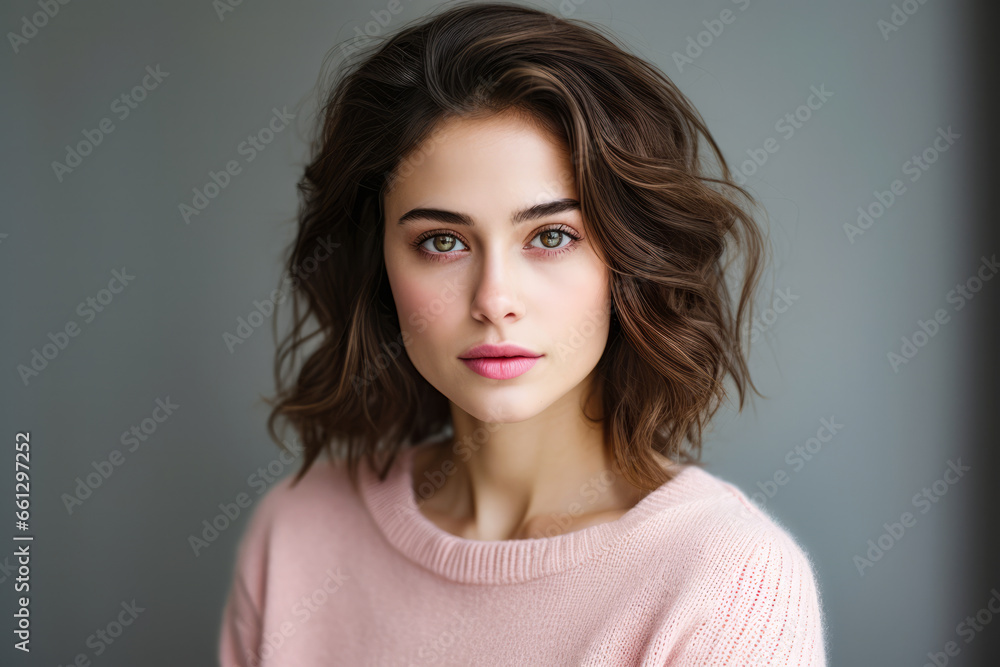 Portrait of a young woman in a winter pink sweater Portrait of a young woman in a winter pink sweater