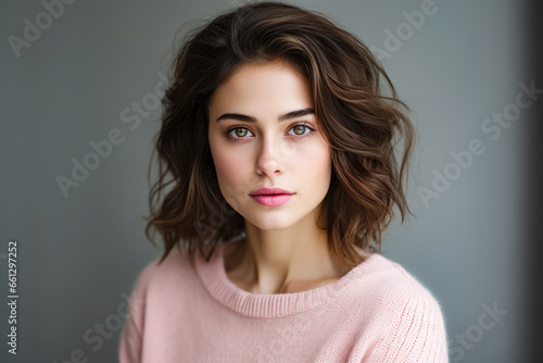 Portrait of a young woman in a winter pink sweater
