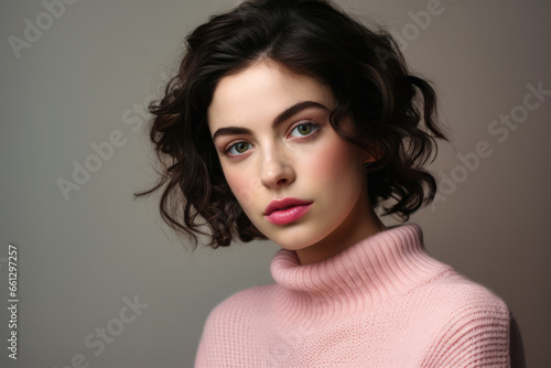 Portrait of a young woman in a winter pink sweater