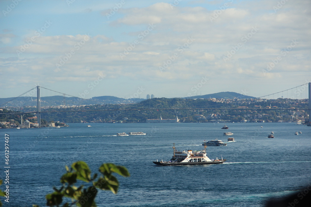 Cruise ships and cargo ships transporting on the Bosporus.