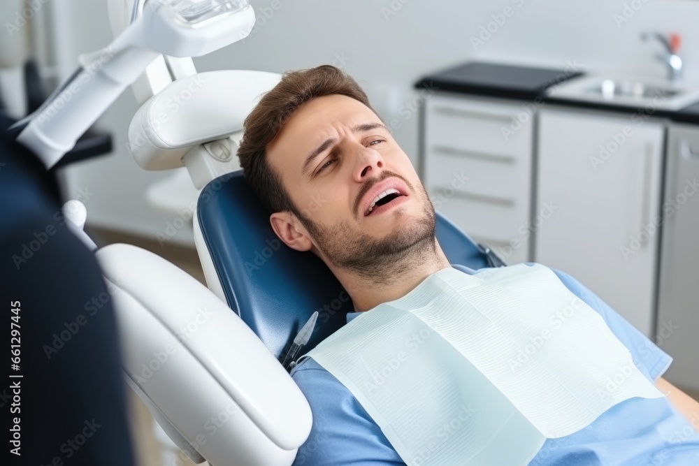 young man having toothache a dentist cabinet