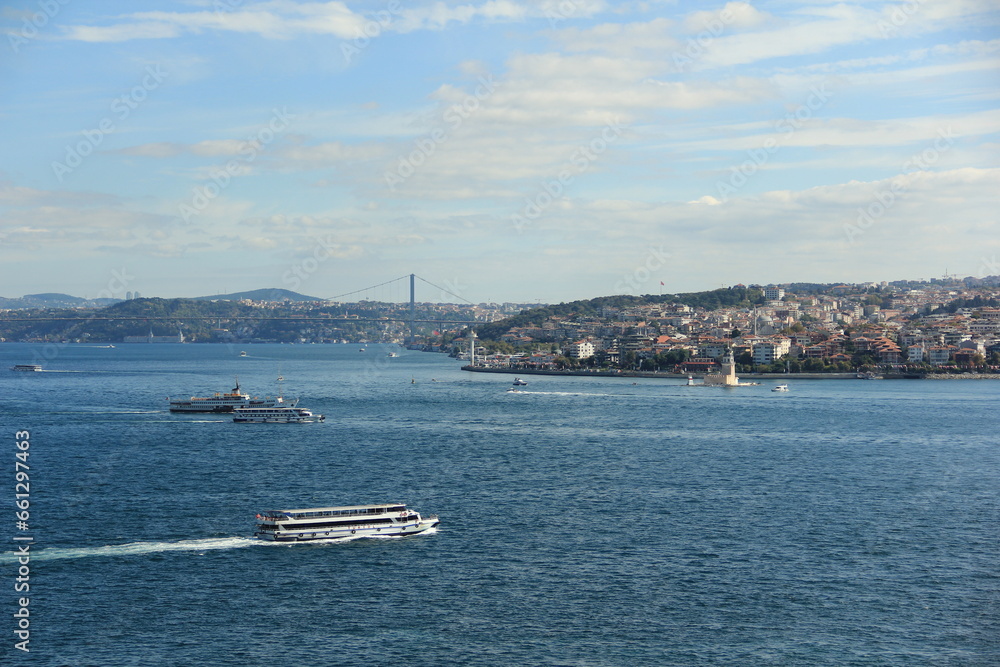 Cruise ships and cargo ships transporting on the Bosporus.