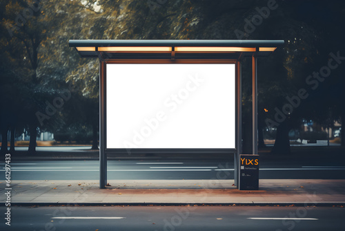 mock up of blank advertising billboard or light box showcase poster template on city bus shelter, copy space for your text or media content, advertisement commercial, branding and marketing concept